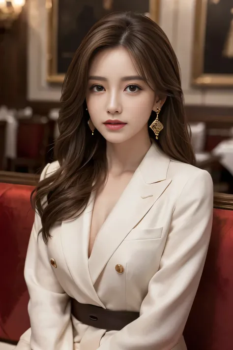 masterpiece, Highest quality, Realistic, Very detailed, Finer details, High resolution, 8k wallpaper, One beautiful woman, Wear a nice suit, In a great restaurant, At night, Light brown messy hair, Perfect dynamic composition, Beautiful and beautiful eyes、...