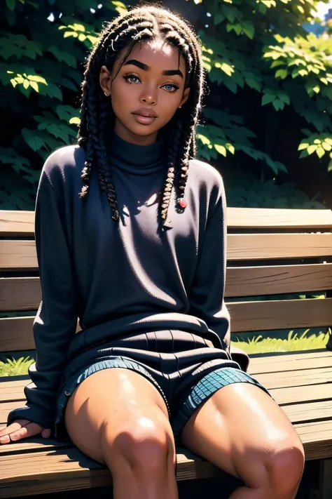 a young black boy wearing a cozy sweater and shorts, beautiful detailed eyes, beautiful detailed lips, extremely detailed eyes and face, long eyelashes, sitting on a bench in a park on a sunny day, (best quality,4k,8k,highres,masterpiece:1.2),ultra-detaile...