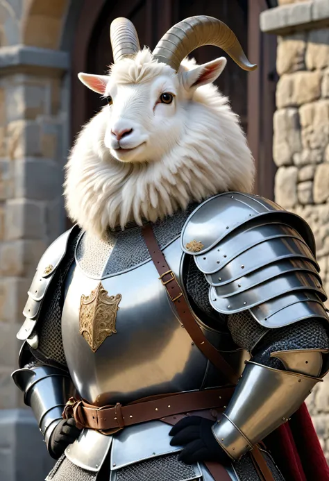 photorealistic portrait of Dressed animals - a ((fat)) (angora goat) knight,(hands on hips:1.5 ),(furry), high quality,(lovely) ,intricate details, highly detailed ((knight armor, greave)) , highly detailed knight equipment , (happy), natural lighting,(fro...