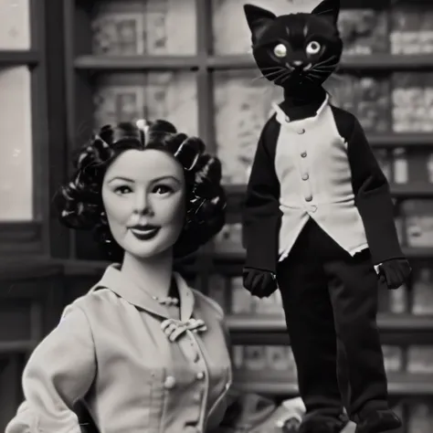 １９５０tv puppet shows from the 1960s、monochrome、crt tv screen、staff operating the black cat puppet