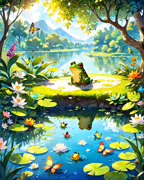 Draw a serene and peaceful lake, surrounded by lush and colorful plants. On one of the banks, a small frog is sitting, happy and satisfied. Around the lake, there are other friendly animals such as birds singing, butterflies dancing and dragonflies buzzing...