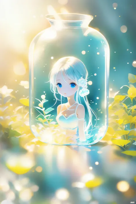 (Transparent Background:1.3)(an extremely delicate and beautiful girl inside of Glass Kan:1.2), (Glass Kan:1.35),1 Beautiful Woman, Clear blue eyes, Long silver hair, Pretty Face