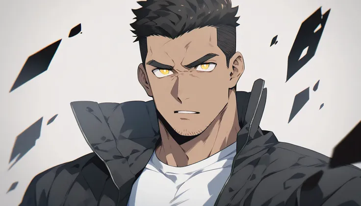 anime characters：Priapus, Muscle Sports Student, negro black skin, 1 dark skin muscular tough guy, Manliness, male focus, Light yellow high collar long sleeve tight T-shirt, Very tight, Round, full and perky chest muscles, muscular male, muscular, only, Up...