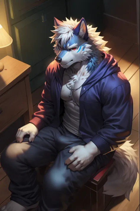 solo, anthro, furry, furry male, wolf, ((fluffy fur, fluffy, furry body)), (wolf print), lean body, slimmer frame, twink, twink body, fluffy tail, ragged clothing, red eyes, hair tuft, long hair, dirty clothing, baggy ragged clothing, baggy clothing, dark ...