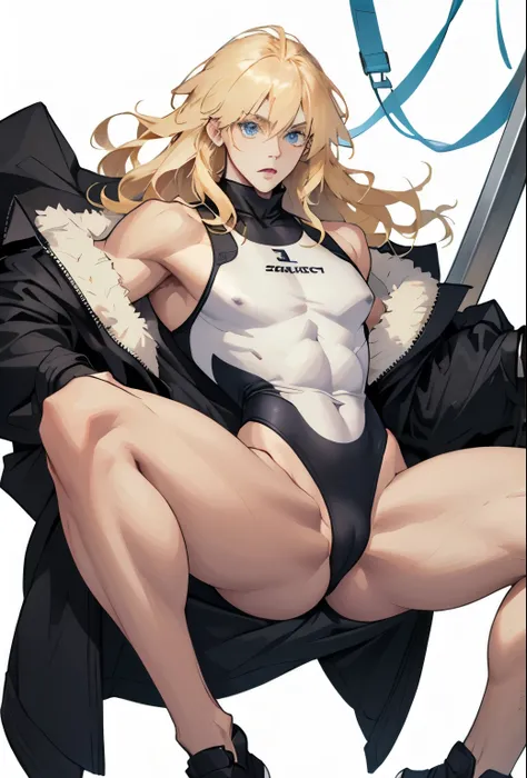 Blonde long hair woman, blue eyes, hide, Not very muscular, Thick legs, Wearing a tight black swimsuit、Wearing black gloves, With legs open,M-shaped legs,