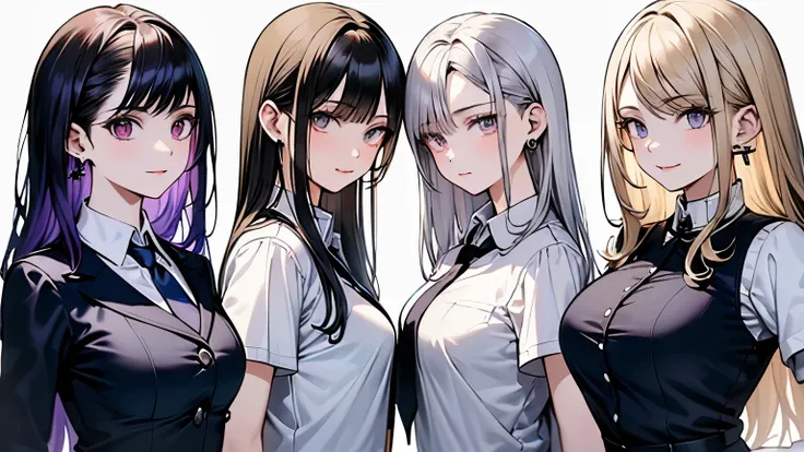 4girls:1.5、(((white blond hair:1.5、4 girls:1.5)))、((4 girls:1.5、forehead:1.5、Standing、Long eyelashes、Earrings、Earrings、high school girl:1.5、uniform:1.5、school uniform:1.5、Dress shirt、Long tie、Checked mini skirt、low angle shot:1.5、Gal:1.5、frontal face:1.5、A...