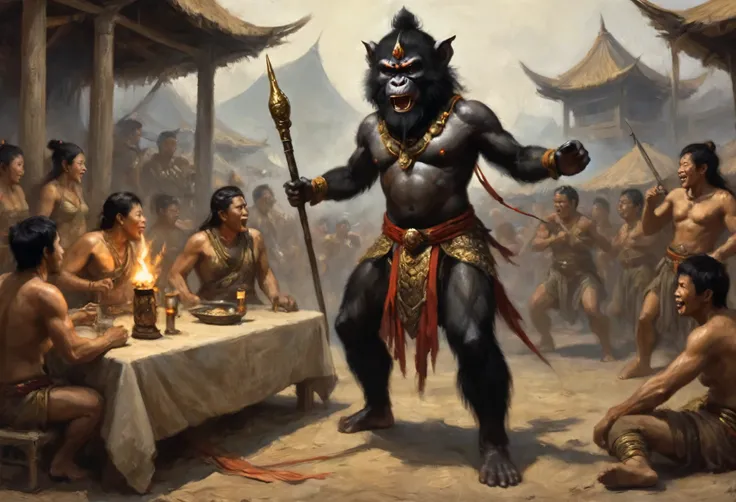 (Black Myth Wukong) A sexy belly dancer (asian woman, large breasts, large butt, sheer dress made of several veils, beetled bra, hourglass figure, laughing face of Black Myth Wukong, dark hairy powerful ape arms) is making a surprised face and shoving a sp...