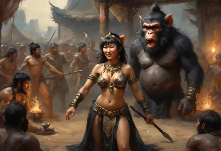 (Black Myth Wukong) A sexy belly dancer (asian woman, large breasts, large butt, sheer dress made of several veils, beetled bra, hourglass figure, laughing face of Black Myth Wukong, dark hairy powerful ape arms) is making a surprised face and shoving a sp...