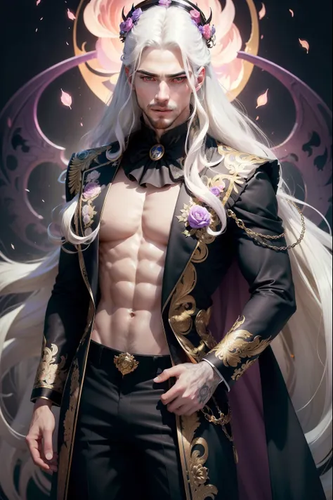 (8k,shipmentsrrealista　shipments　Maximum quality;1.4) (1 young boy) Super handsome king of the underworld　(lifelike face) 　(long white hair with black highlights, bright white floral hair)　slenderbody　Muscular and hairy and macho　Shiny French floral aristo...