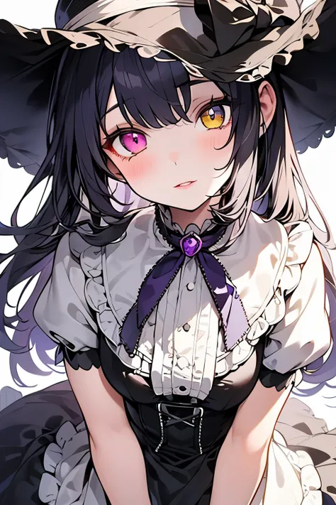 1 girl wearing Victorian dress, Delicate Eyes, delicious lips, (complete heterochromia (a yellow right eye, a purple left eye))