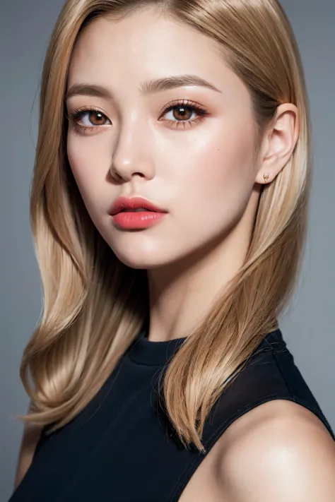 Realism, Realistic, ultra realistic details: velvety skin, blonde short slicked to the side hair, symmetrical lips, light glossy red_lipstick, long blue_eyelashes, pupils, BREAK, Caucasian model of, masterpiece, top quality, raw photo, photorealistic, face...