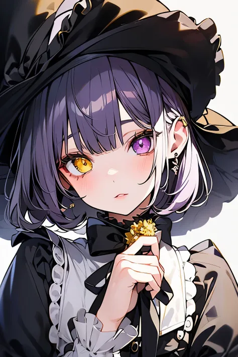 1 girl wearing Victorian dress, Delicate Eyes, delicious lips, (complete heterochromia (a yellow right eye, a purple left eye))