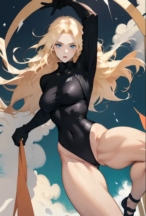 Blonde long hair woman, blue eyes, hide, slender, Thick legs, Wearing a tight black swimsuit、Wearing black gloves, With legs open,M-shaped legs,