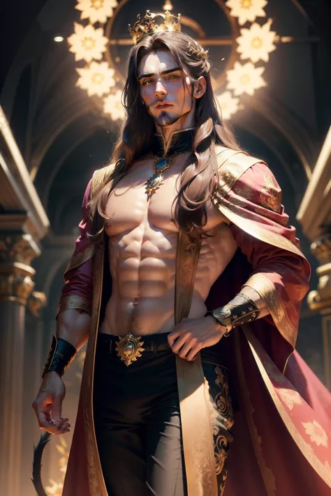 (8k,shipmentsrrealista　shipments　Maximum quality;1.4) (1 young boy) Super handsome king of the underworld　(lifelike face) 　(long light brown hair, bright white floral hair)　slenderbody　Muscular and hairy and macho　Floral aristocratic costume shiny tail sui...