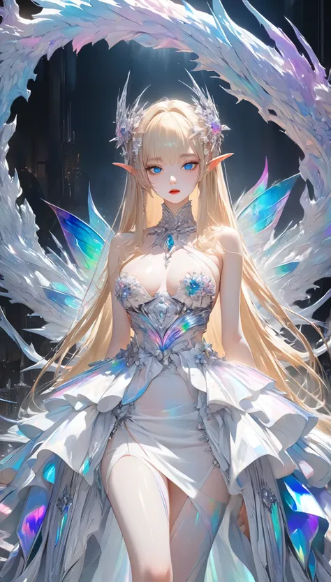 fantasy world that combines flower-punk and gem-punk, beauty elf, blonde silky straight hair with blunt bang, (attractive and seductive) and (amorous and lewd) expression, blue big eyes, glamorous proportions, wearing white knight commander costume with a ...