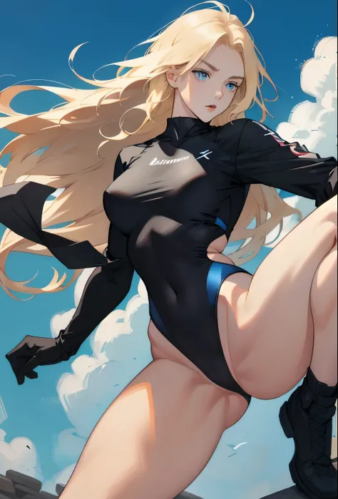 Blonde long hair woman, blue eyes, hide, slender, Thick legs, Wearing a tight black swimsuit、Wearing black gloves, With legs open,M-shaped legs,