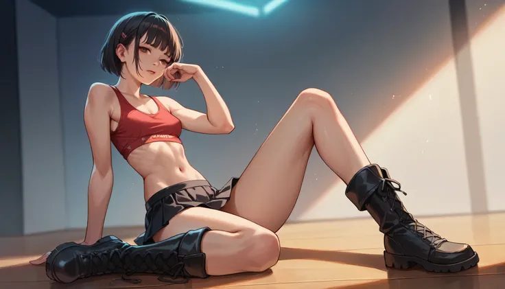 an skinny Asian teenage girl wearing a very short red top showing her navel and an extremely short black mini skirt and black boots, she is sitting facing forward in a gaming chair on top of a stage with hands on shoulders and legs straddling