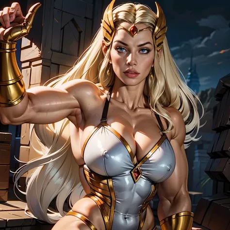 a majestic muscular woman, She-ra, extremely detailed muscular female body, highly detailed face, piercing eyes, full lips, beautiful long hair, heroic pose, legendary sword raised high, powerful stance, fantasy landscape background, dramatic lighting, cin...