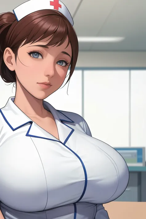 , (highest quality), big head, (1 with gigantic breasts:1.2) wearing a nurse blouse at the hospital