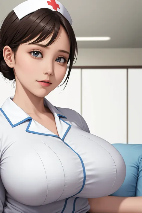 , (highest quality), big head, (1 with gigantic breasts:1.2) wearing a nurse blouse at the hospital