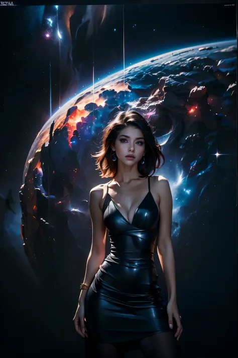 (masterpiece, best quality, highres, high resolution:1.2), extremely detailed, realistic, intricate details, 1girl, solo, looking at viewer, (abstract art:1.3), (dark theme:1.2), art, stylized, deep shadow, dark theme, cosmic dress, cosmic beauty, in space...