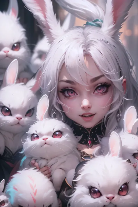 a cute but evil looking female white bunny, detailed bunny face, piercing eyes, sharp fangs, fluffy white fur, mischievous expression, detailed intricate patterns, fantasy, dark fantasy, digital art, highly detailed, 8k, photorealistic, cinematic lighting,...