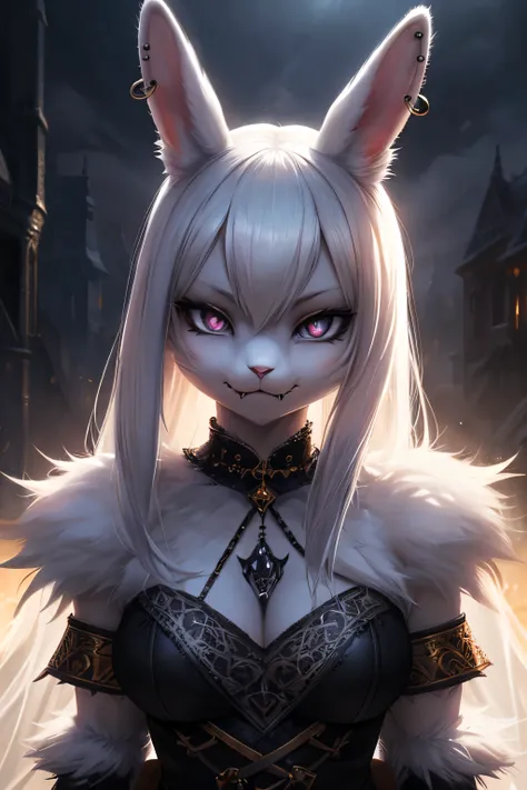 a cute but evil looking female white bunny, detailed bunny face, piercing eyes, sharp fangs, fluffy white fur, mischievous expression, detailed intricate patterns, fantasy, dark fantasy, digital art, highly detailed, 8k, photorealistic, cinematic lighting,...