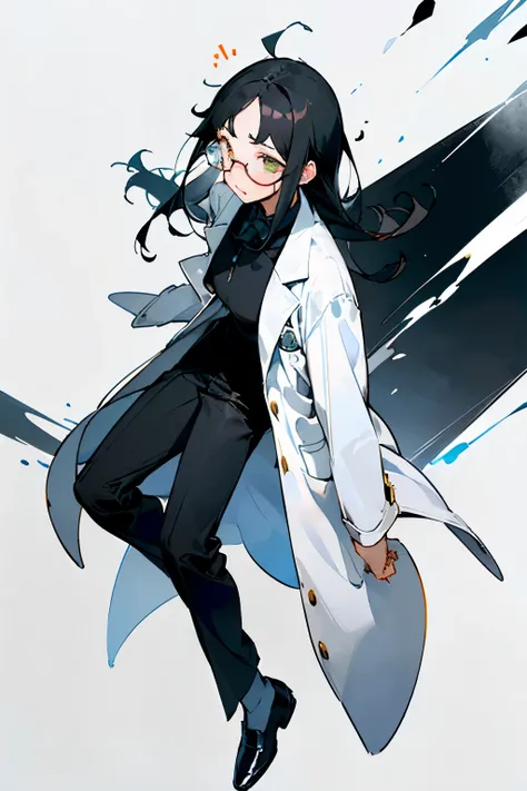 ((Whitest and slimmest。like々Her face was dark and messy, her hair falling over her forehead.、It accentuates her sharp almond-shaped eyes.。With sharp features、A mysterious gaze peeking through thin-framed glasses。In black formal clothing、Wearing a White Lab...