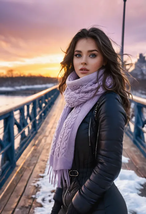 (realisitic), (Hyper-Realism), (photorealisitic:1.4), best qualityer, work of art, VioletMyers, 1 girl, gazing at viewer, make up, detailedeyes, face detailed, (trunk:1.2), wearing winter clothes, puffer branco, booties, scarf, black leggings,  walking on ...