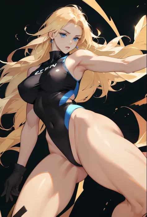 Blonde long hair woman, blue eyes, hide, slender, Thick legs, Wearing a tight black swimsuit、Wearing black gloves, With legs open,M-shaped legs,