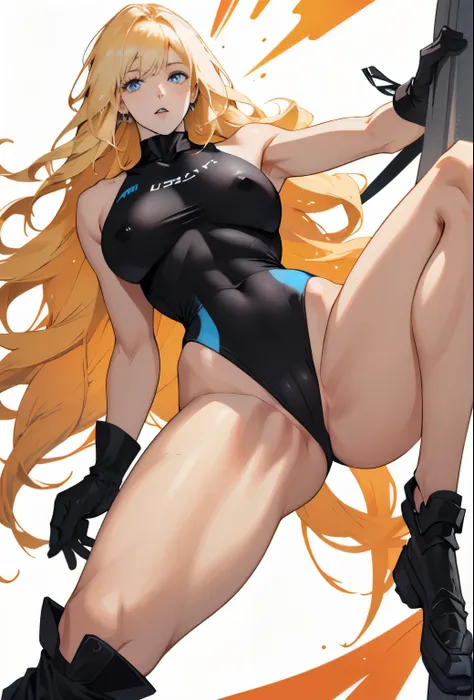 Blonde long hair woman, blue eyes, hide, slender, Thick legs, Wearing a tight black swimsuit、Wearing black gloves, With legs open,M-shaped legs,