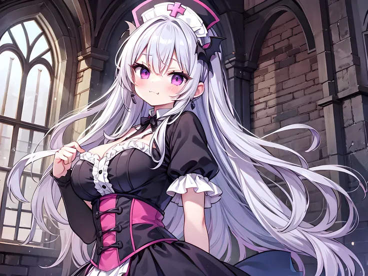 best quality,ultra detailed,8k, anime,watercolor,nsfw,Old Castle background,The castles medical room,solo,Victorian Gothic Style,nurse,Vampire,bat,midnight,fog, stand,1 little Vampire girl,babyface,,,blush,smug,(fang:1.1),@_@,(silver hair,long hair,messy h...