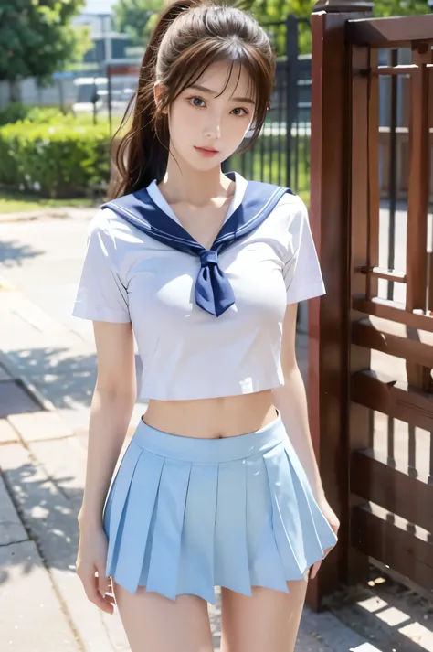 (ultra hd), (looking at me), (the whole body is shown), (light blue short sleeve sailor uniform, light blue low rise mini skirt)...