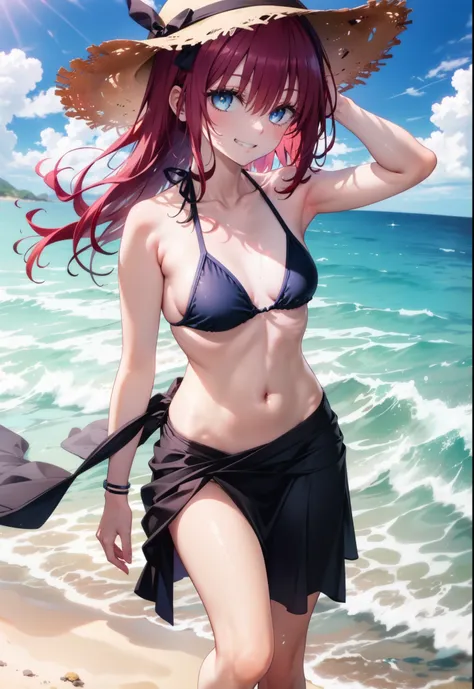 Kurosaki  mea,Redhead,Long Hair,Purple eyes,Grin,smile,Straw hat,Black string bikini swimsuit,Pareo Swimsuit,Belly button,abdomen,barefoot,A thin long skirt is wrapped around her waist,Sandy Beachを散歩している,Walking,Clear skies,True Summer,Daytime,whole bodyがイ...