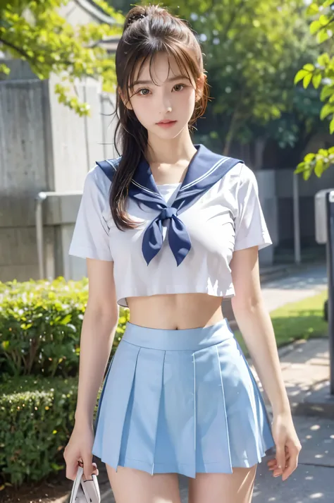 (ultra hd), (looking at me), (the whole body is shown), (light blue short sleeve sailor uniform, light blue low rise mini skirt)...