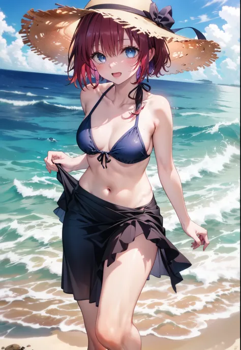 Kurosaki  mea,Redhead,Long Hair,Purple eyes,Open your mouth,smile,Straw hat,Black string bikini swimsuit,Pareo Swimsuit,Belly button,abdomen,barefoot,A thin long skirt is wrapped around her waist,Sandy Beachを散歩している,Walking,Clear skies,True Summer,Daytime,w...