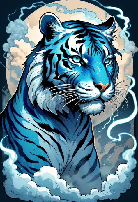 ccxl-mucha, art style,blue tiger, side view, beast, roarr, lightning, smoke, cloud, psychedelic art drdjns style, comic book art...