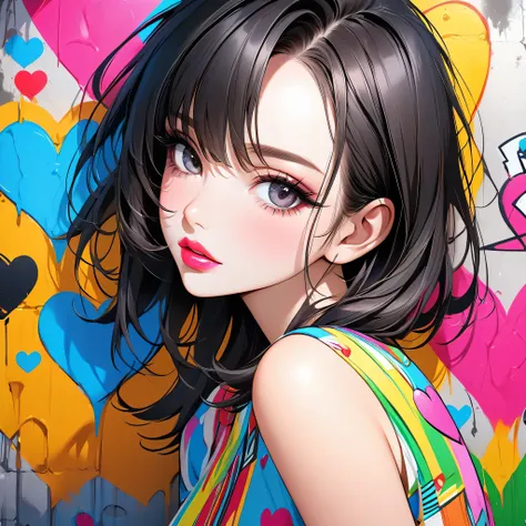 Ultra-realism Micho colorful style, Simple Line Initialism，Abstract art，(((The most beautiful girl of all time))), Sweet face. Lips in love, colorful hearts, stylish design, Summer beach fashion, Dark Eyes, Graffiti on the wall