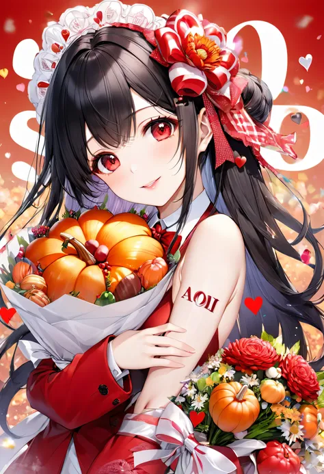 (thankyou font is "AOI"), (Thanksgiving style), (solo:2 18yo) (detailed hime-cut:1.4)  (immensely beautiful black hair very long hair), (beautiful sexy sadist girl) (immensely sexy red eyes) (happy smile) (glossy lip) (big tits), in a sexy cool beauty red ...