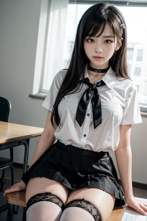 , School girl, white and black uniform, white and black skirt, black lace choker, white lace thigh highs, looking at viewer, class room background, sitting on desk, seductive, dark eyeliner, sexy eyeliner, 