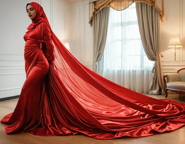 A woman shrouded in a 4-meter-long, plush red satin cloth, tightly bound and grandly draping along the form of her body, subject is half naked, flowing off into a pooled floor-length train, styled in a mermaid-inspired outfit, her head modestly veiled in a...