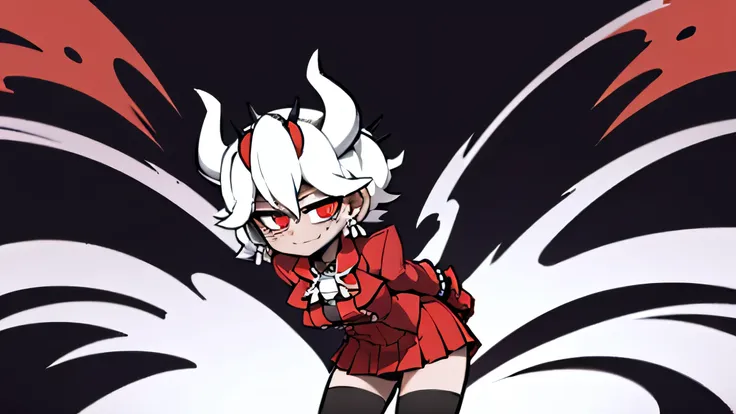 beelzebub(helltaker), red bowtie,1girl, looking at viewer, red eyes, demon horns, white hair, smile, earrings, closed mouth, demon girl, 
red gloves, gloves, jewelry, horns, white horns, solo, hair between eyes, cowboy shot, solo, short hair, school unifor...