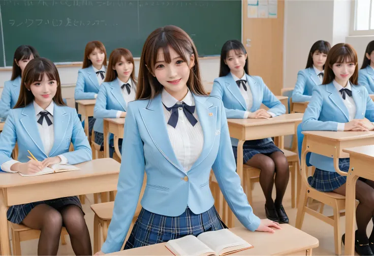 score_9, score_8, score_8up, score_7, Highest quality、masterpiece, group、((Light blue tight-collared shirt, blazer、mini skirt, uniform,)), Large Breasts, ((Layered Haircut)), Slim body, Slim face(8k,Highest quality),Shot from medium distances,classroom, A...