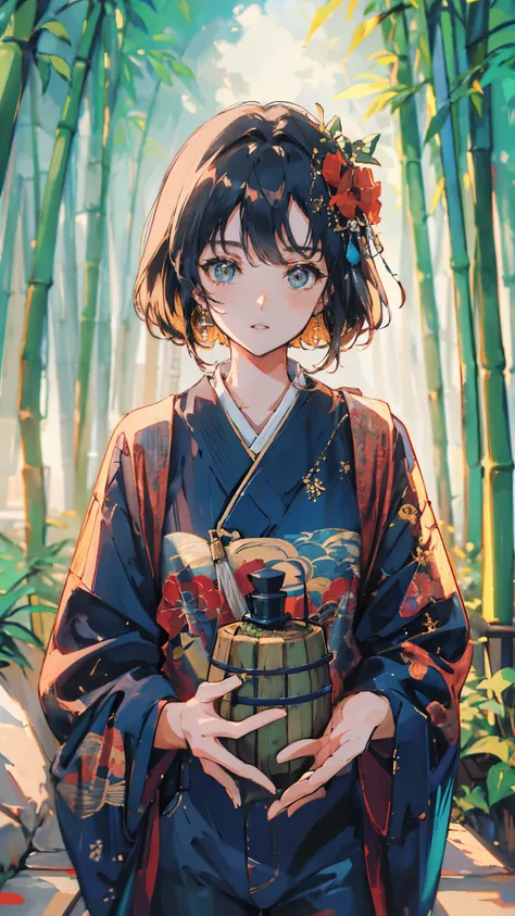 (high quality), (masterpiece), (detailed), 8K, (Teenage girl1.3) in traditional folklore clothing stands still in (tranquil bamboo grove1.3), holding a grenade, (sadic smile1.3), her (serene expression1.2) blending with calm surroundings. (Gentle rustle of...