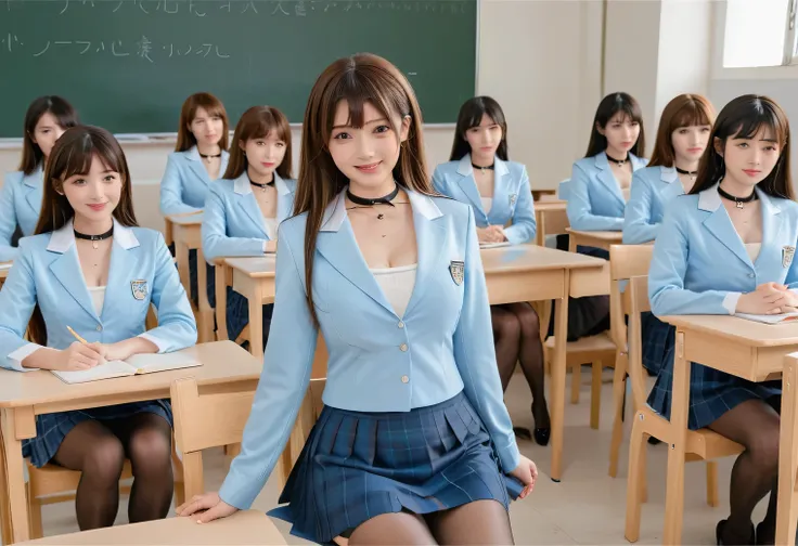 score_9, score_8, score_8up, score_7, Highest quality、masterpiece, group、((Light blue tight-collared shirt, blazer、mini skirt, uniform,)), Large Breasts, ((Layered Haircut)), Slim body, Slim face(8k,Highest quality),Shot from medium distances,classroom, A...
