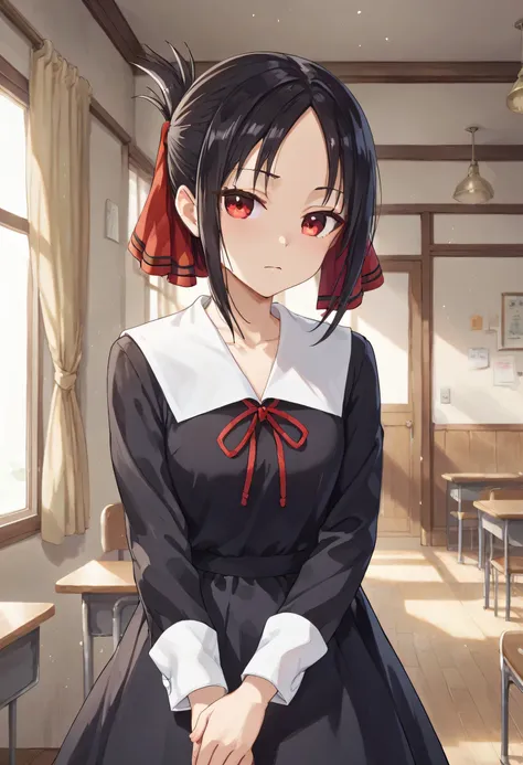 kaguya, bangs, black hair, red eyes, sidelocks, shinomiya kaguya,folded ponytail,parted bangs hair ribbon, ribbon, red ribbon, d...