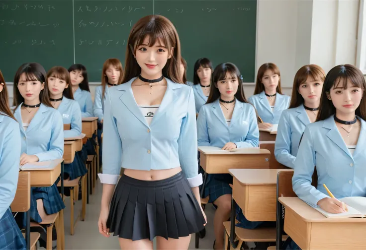 score_9, score_8, score_8up, score_7, Highest quality、masterpiece, group、((Light blue tight-collared shirt, blazer、mini skirt, uniform,)), Large Breasts, ((Layered Haircut)), Slim body, Slim face(8k,Highest quality),Shot from medium distances,classroom, A...
