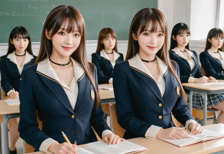 score_9, score_8, score_8up, score_7, Highest quality、masterpiece, group、((Tight collared shirt, blazer、mini skirt, uniform,)), Large Breasts, ((Layered Haircut)), Slim body, Slim face(8k,Highest quality),Shot from medium distances,classroom, Adorable, sm...