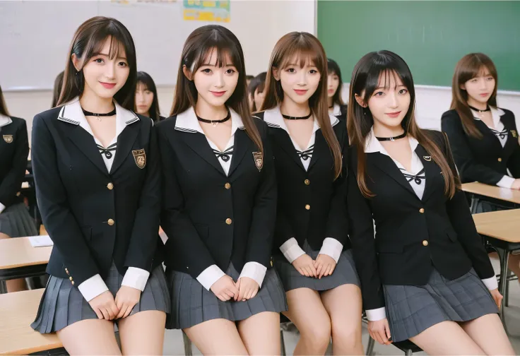 score_9, score_8, score_8up, score_7, Highest quality、masterpiece, group、((Tight collared shirt, blazer、mini skirt, uniform,)), Large Breasts, ((Layered Haircut)), Slim body, Slim face(8k,Highest quality),Shot from medium distances,classroom, Adorable, sm...