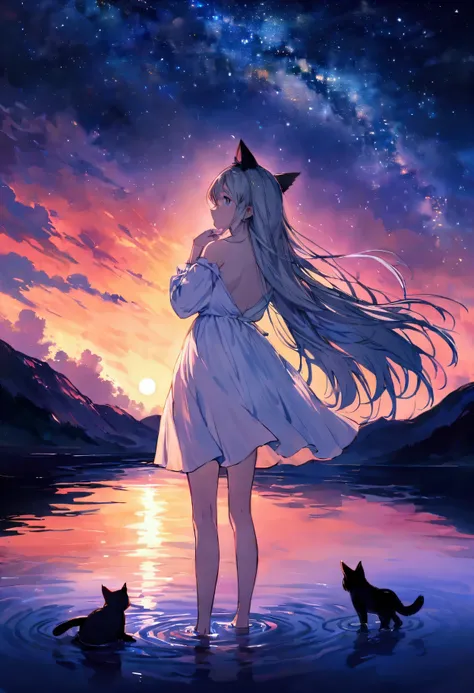 woman, Calm expression, Captivating eyes, Blue Eyes, Wavy long hair, Grey Hair, Black cat ears, Kemomimi, loose fitting dress, Calm posture, Touching your ears with your hands, Porcelain-like skin, A faint blush, クリスタルペンダント BREAK ゴールデンアワー, (Rim Light):1.2,...